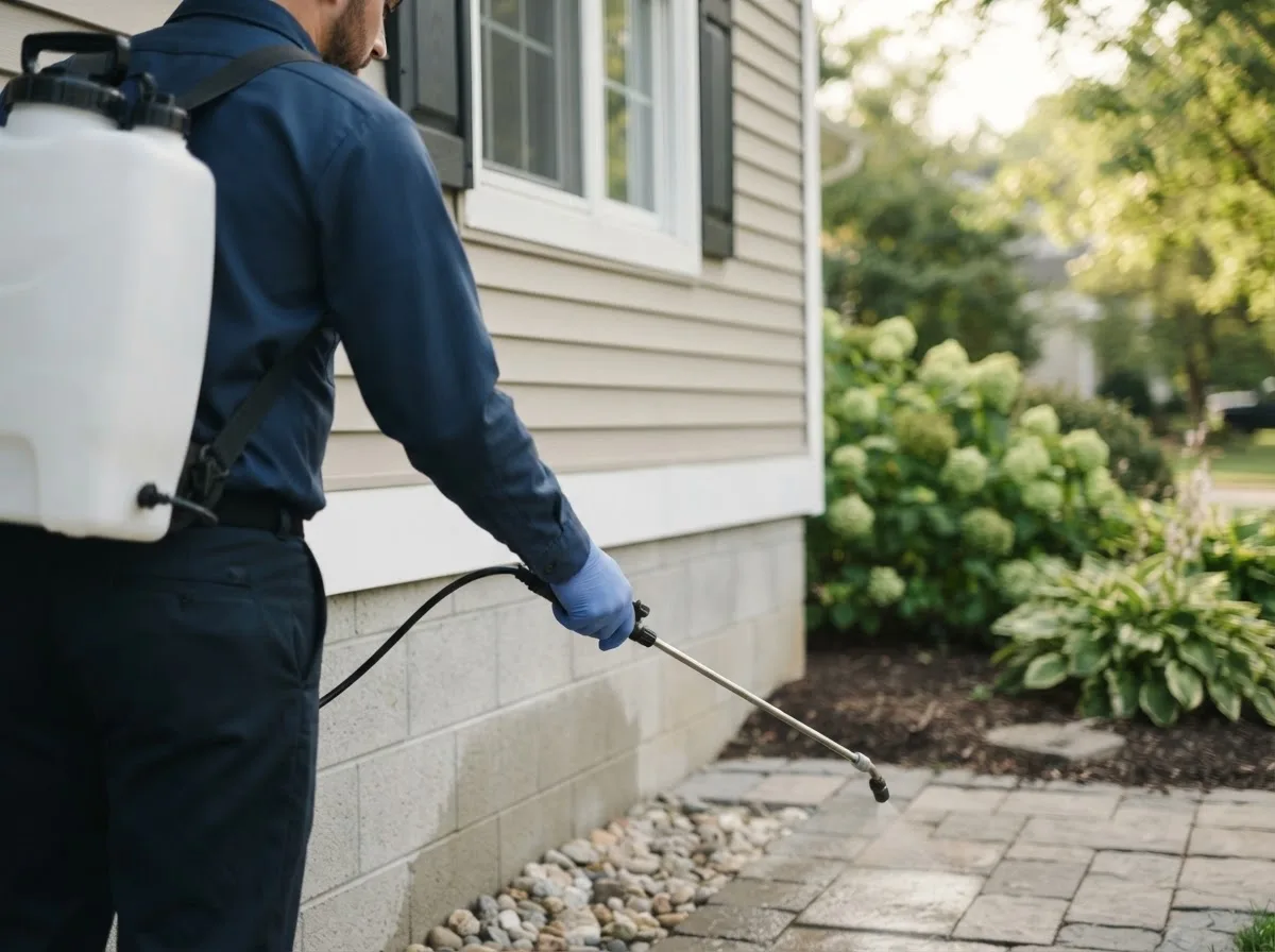 Pest control technician inspecting a home in Clay Center, NE
